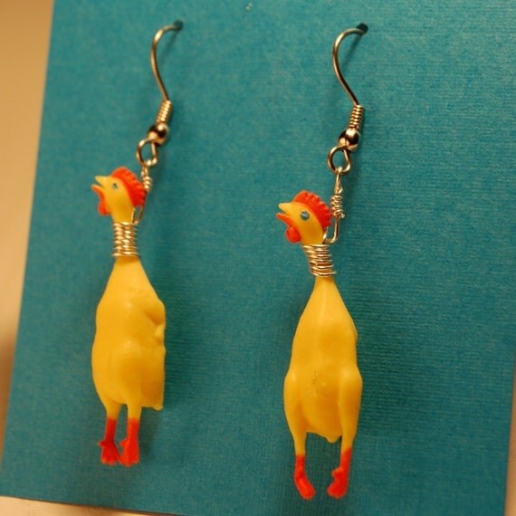 Novelty Rubber Chicken Earrings, Fun and Goofy Accessory