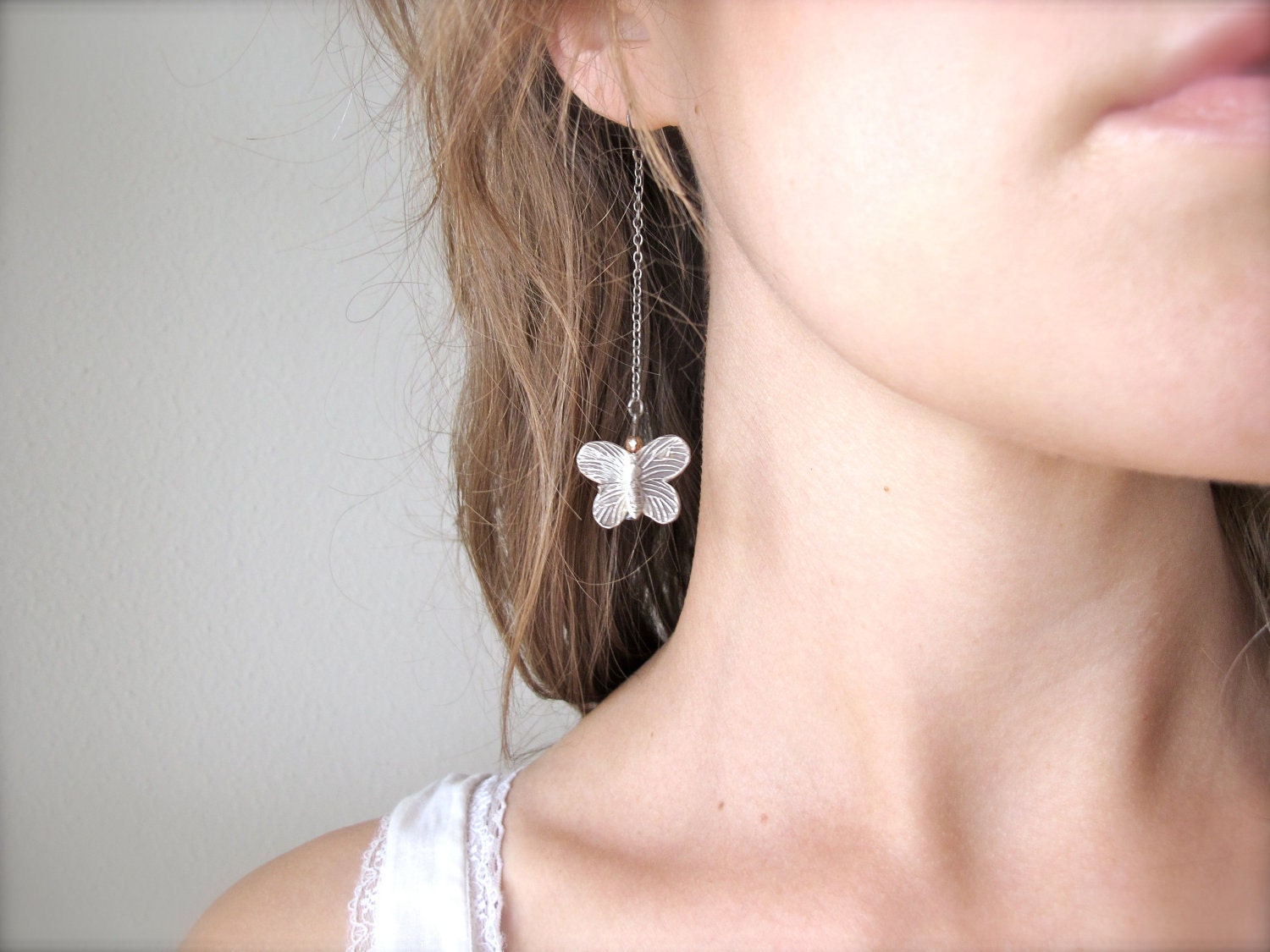 Butterfly Earrings - Hill Tribe silver - long - chain drops - spring - By Corrieberry Pie