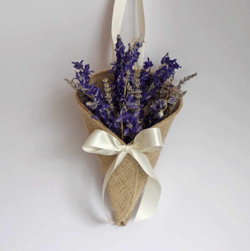Khaki burlap pew cone decoration / rustic wedding decor. Handmade by Nutfield Weaver.