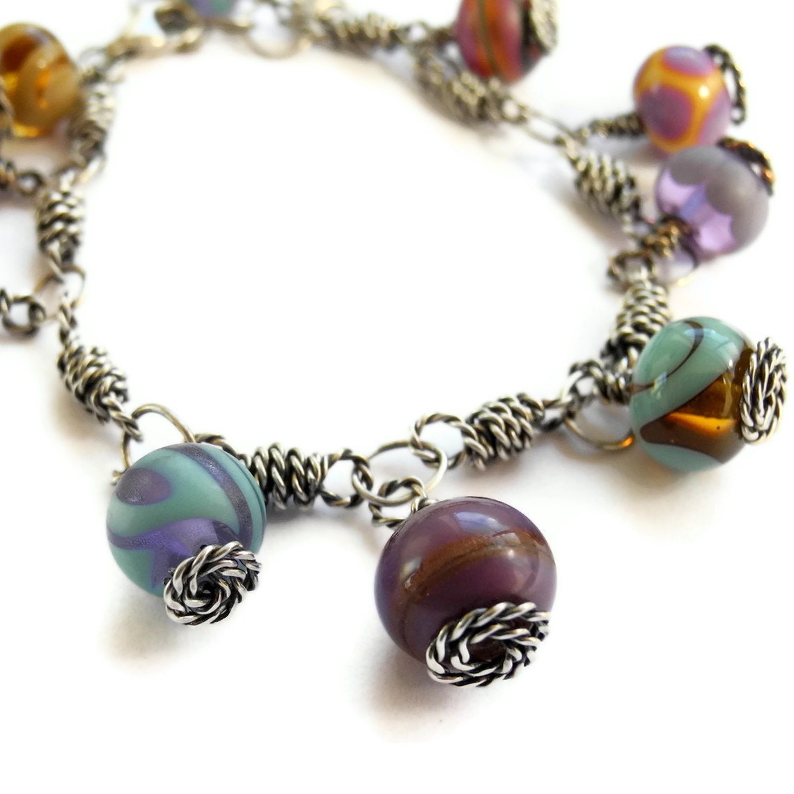 Lampwork Bracelet Oxidized Sterling Silver Bracelet Aqua Purple Wire Wrap Bracelet Cha Cha Bracelet