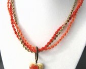 Floral Ceramic Heart Pendant Necklace on Macrame Cords Orange and Khaki