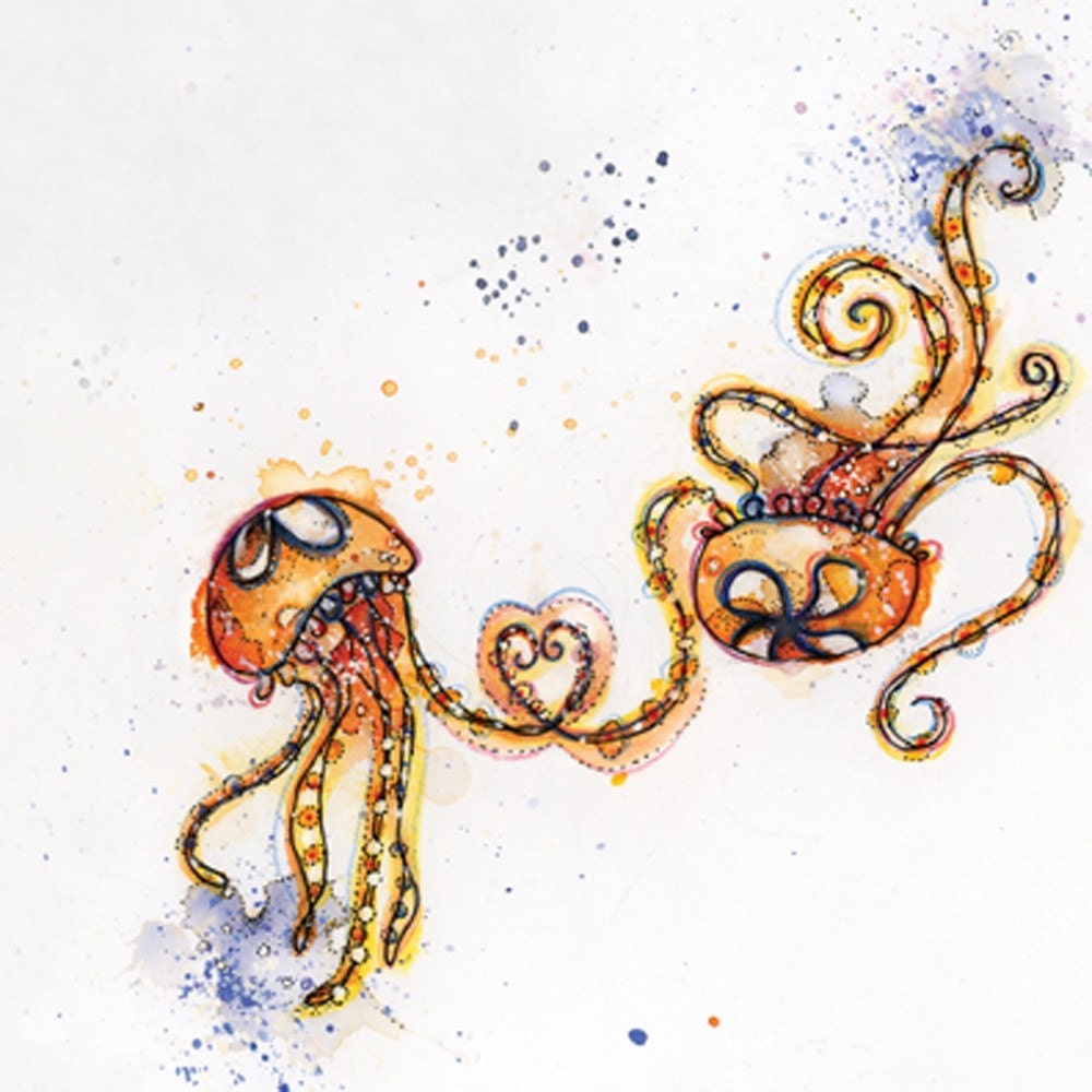 Jellyfish in Love Greeting Card // Blank Illustrated Animal Friendship Birthday Anniversary Mothers Day Gift Card 4" x 6"