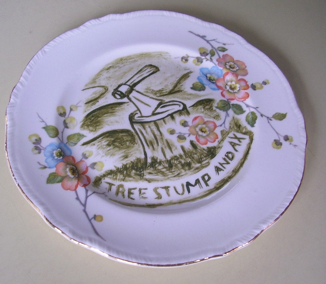 tree stump and ax china plate hand painted reworked
