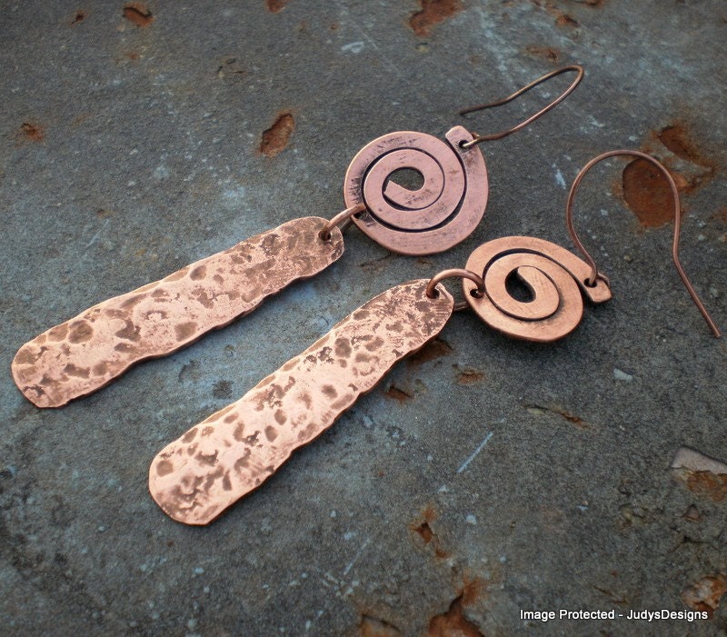 Spiral hammered copper earrings, bohemian, artisan, rustic, long earrings