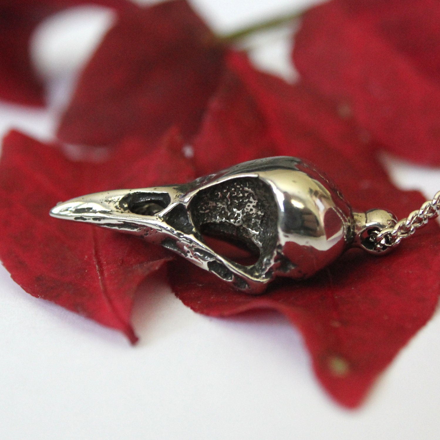 Crow Skull Necklace - White Bronze Raven Bird Skull Pendant