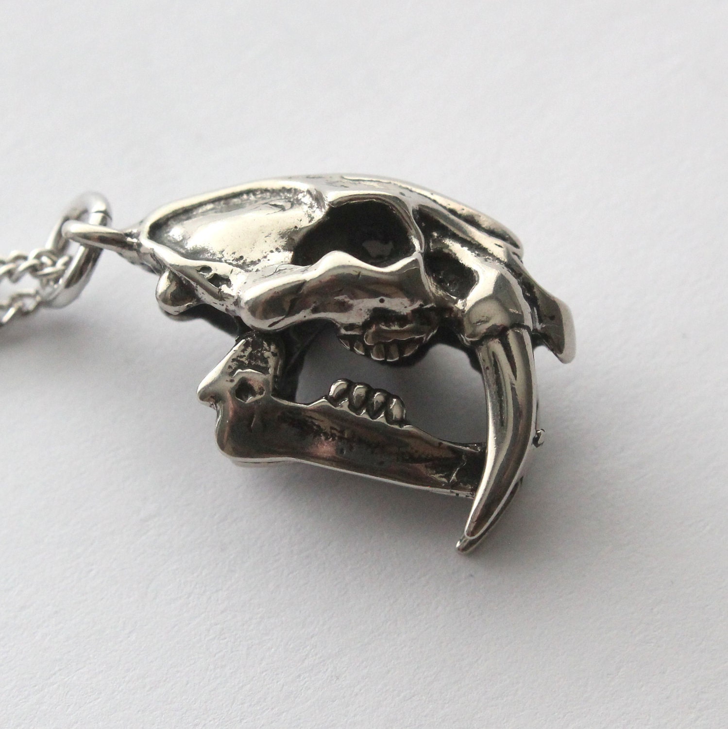Saber Tooth Cat Skull Pendant Necklace  Solid White Bronze Smilodon