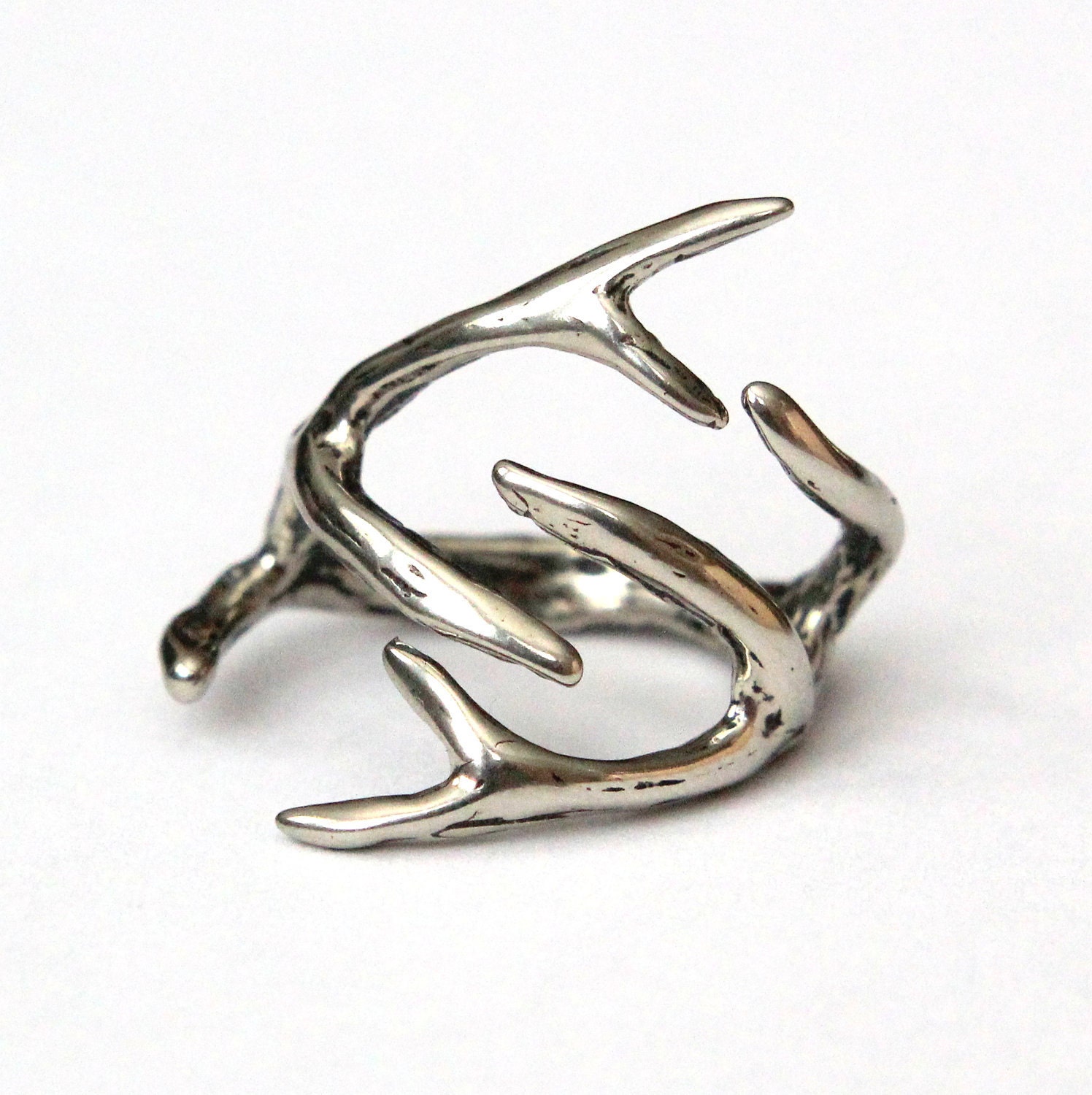 Silver Deer Antler Ring -Sterling Overlay on Solid White Bronze by Moon Raven Designs