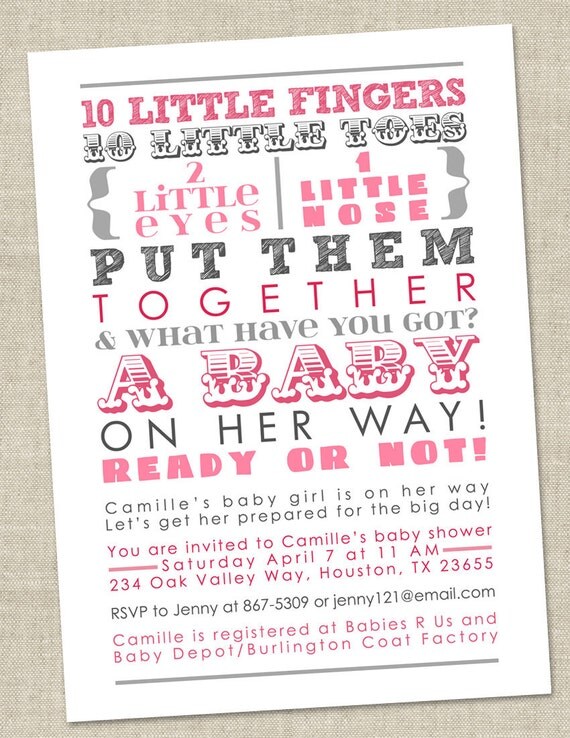 Baby Girl Shower Invitation - pink gray black words, girl, girly (Printable Digital File OR Printed Cards)