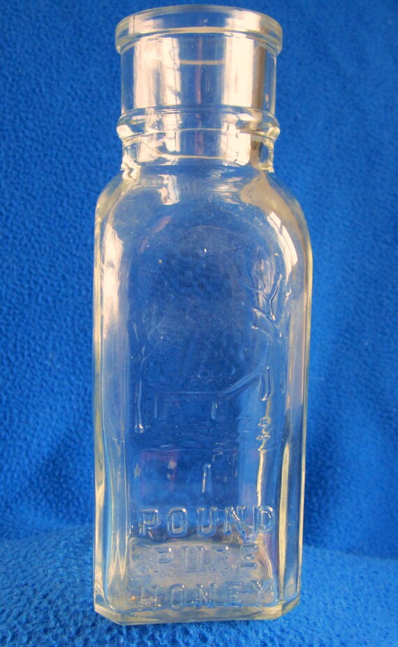 Glass Jar Bottle Honey Acres 1 lb Pure Embossed Beehive Vintage Clear