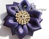 PURPLE Silky Satin Chrysanthemum FLOWER Hair Clip RHINESTONES Bling - Hair Bow