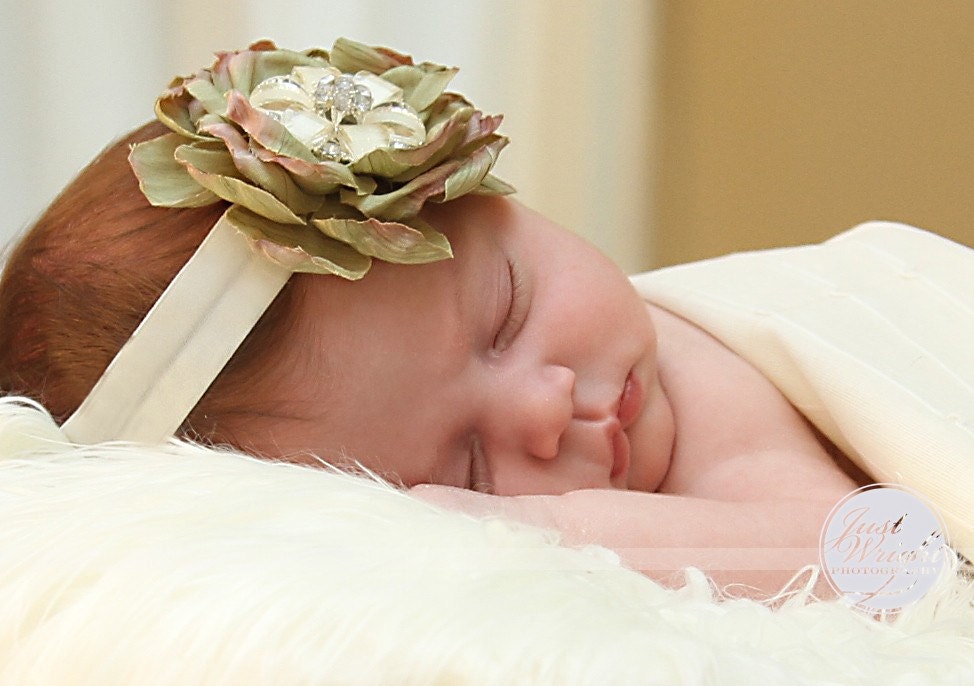 ARTiCHOKE HEARTS - Green Purple Cream - MEGA BLiNG Flower HEADBAND - Fits Babies and Toddlers