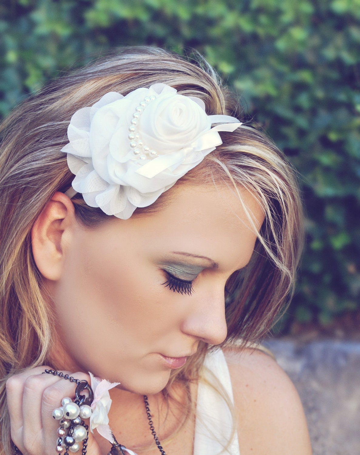 PENELOPE - White Chiffon ROSE Rosette Fabric Flower HEADBAND with Pearls and Ribbon Elegant Wedding Bridal Bridesmaid Fancy Bow