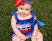 4th of JULY Red White Blue Headband Hair Bow w/ Mega Star Firework Fire Cracker Bling Patriotic Babies Toddlers Girls
