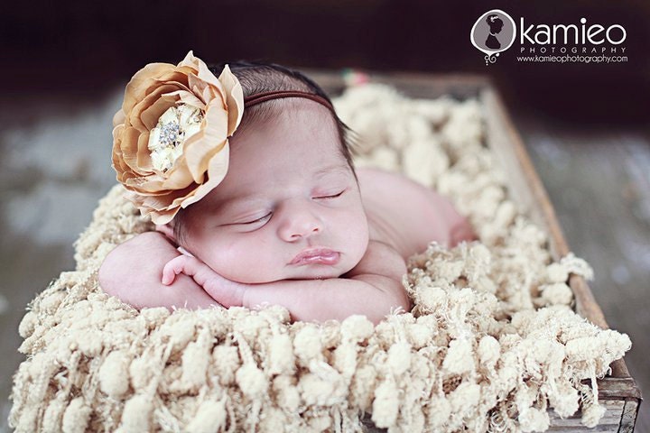Ruffled Ranunculus Flower Headband - with AMAZING Ivory Flower Bling - Sandalwood - Brown - neutral Skinny Nylon Band - Photog Prop