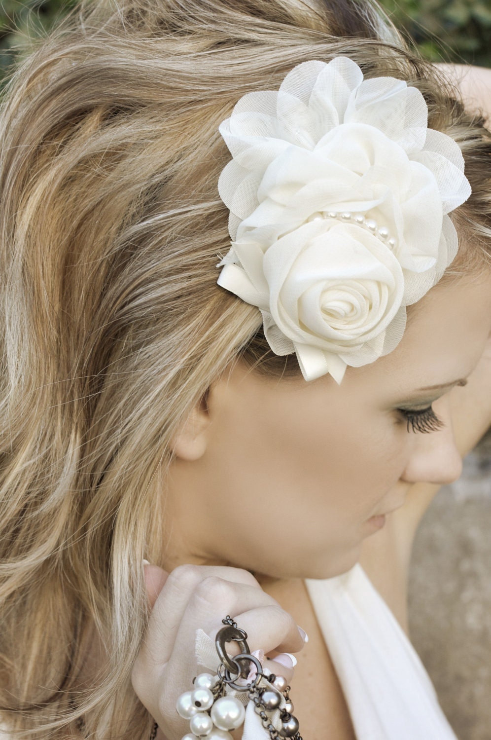 hair accessory for my dress? help! (pic) : wedding Il 570xN.266836437 PENELOPE - IVORY Cream Chiffon ROSE Rosette Fabric Flower Hair Clip Pearls and Ribbon Elegant Wedding Bridal Bridesmaid Fancy Bow