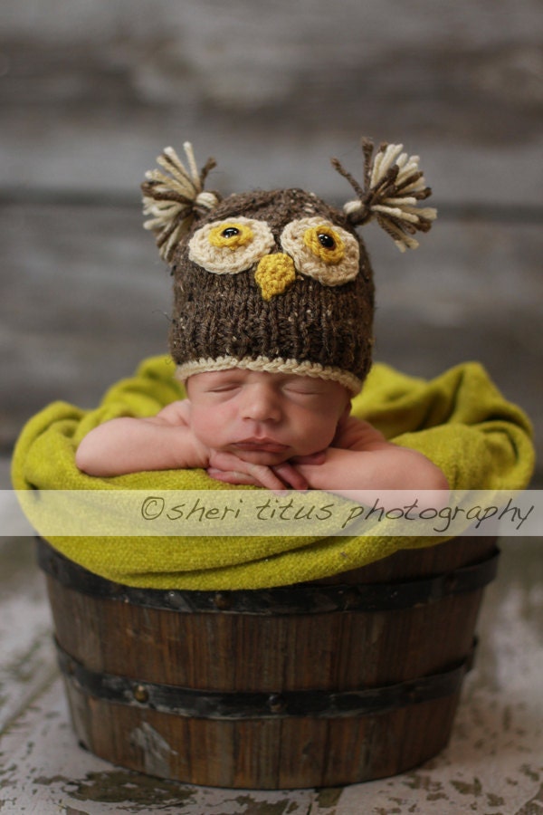 Lil "Who" Baby Owl Hat Beanie In Brown Tweed                Newborn Baby Photo Prop