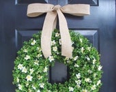 Boxwood Wreath Burlap Ribbon, Floral Arrangement, Outdoor Decoration, Spring Wreath, Year Round Wreath, Front Door Floral Wreath