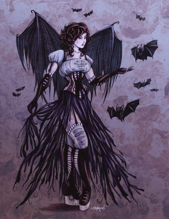 Bat Goddess Print - Fantasy Art - Romantic Gothic Art - Digital Print