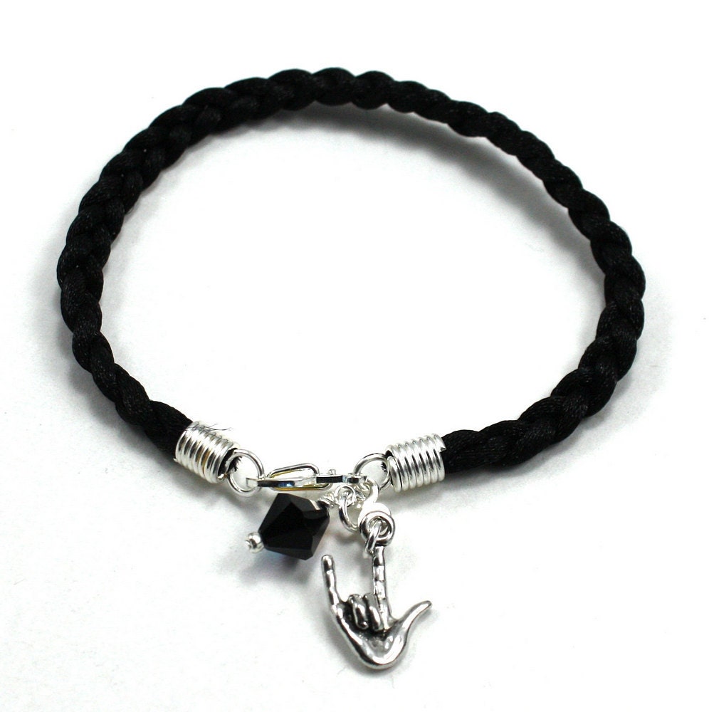 Black Braided Cord Bracelet with American Sign Language -I Love You - Charm and Jet Black Swarovski Crystal