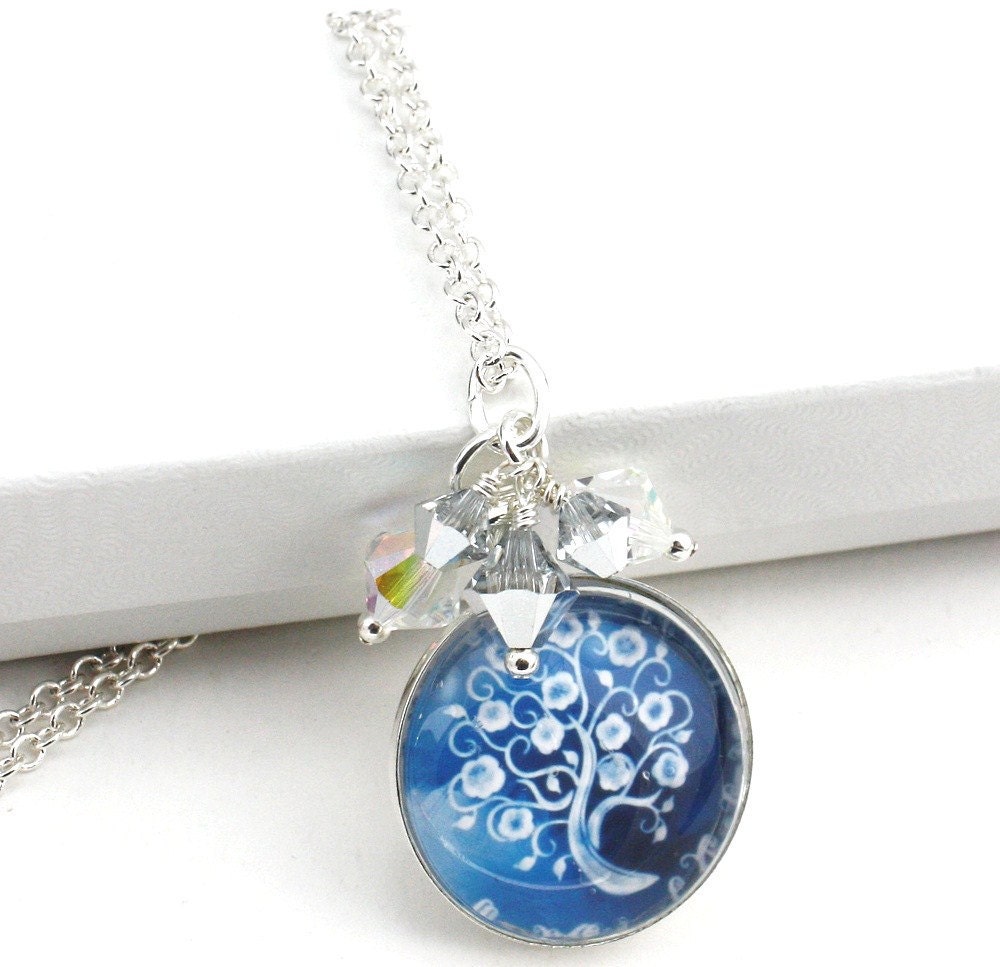 Blue Sky Round Glass Tile Dome Swarovski Crystal Cluster Tree of Life Pendant - anjalicreations