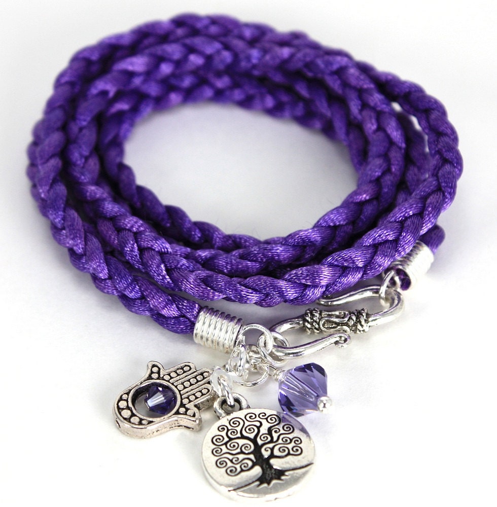Satin Braided Cord Wrap Bracelet-Electric Purple with Beaded Hamsa, Tree of Life Charm, and Tanzanite Swarovski Crystal