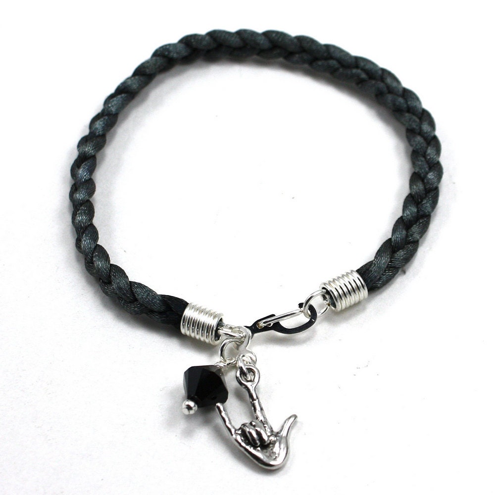 Dark Grey Braided Cord Bracelet with American Sign Language -I Love You - Charm and Jet Black Swarovski Crystal