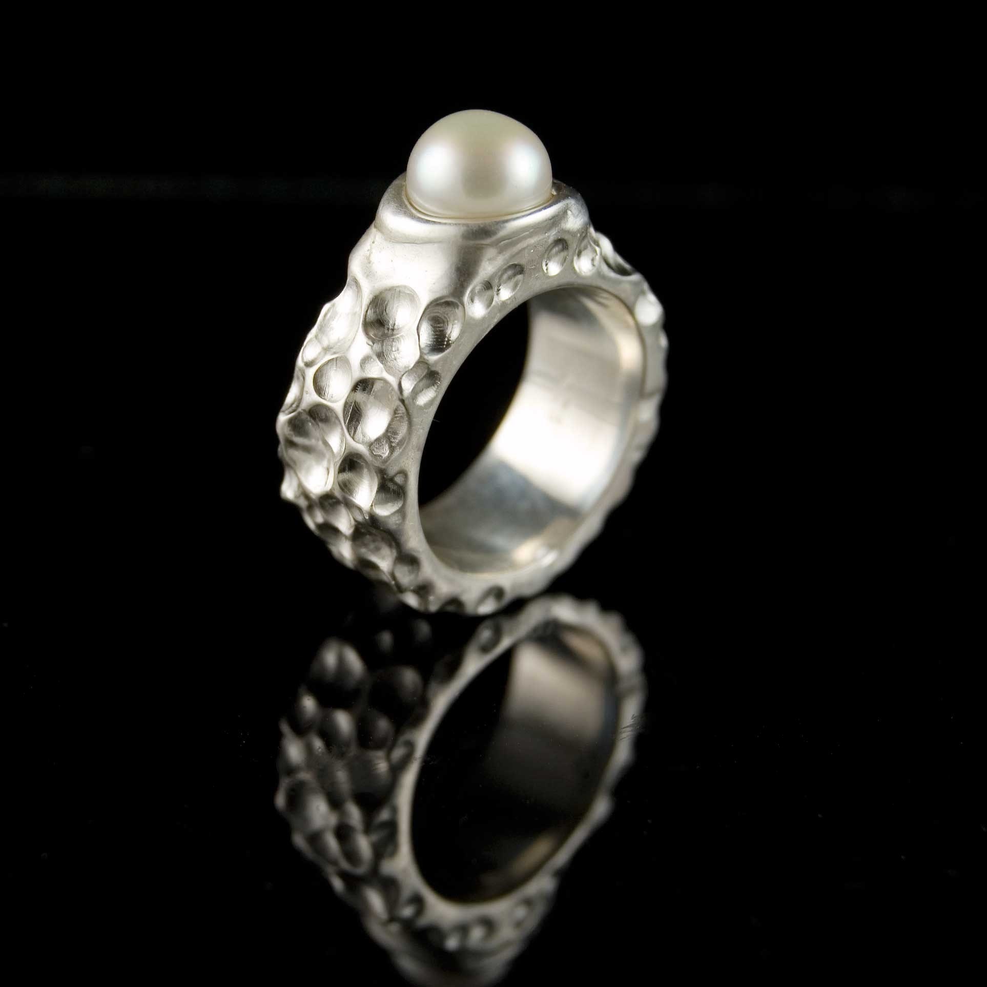 Seafoam Ring, Wide Textured Sterling Silver Ring with White Pearl