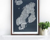 Nordic Europe Type Map in Sheer Slate - decorative screen print