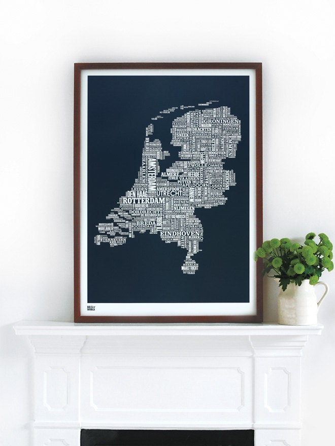 Netherlands Type Map in Sheer Slate - decorative screen print
