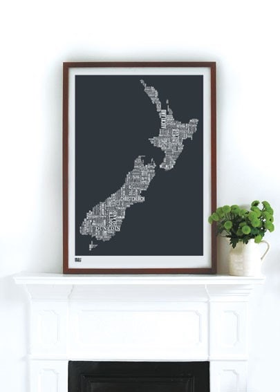 New Zealand Type Map in Sheer Slate - decorative screen print