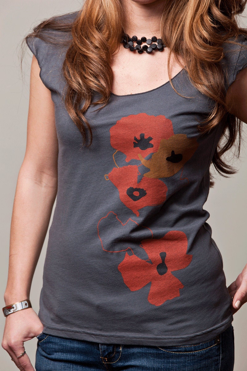 women's tshirt - poppy tshirt - poppy flower tshirt - American Apparel scoop neck - cap sleeves - gray - FREE SHIPPING