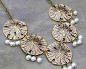 Sand Dollar Necklace, Brass Collar Necklace, Freshwater Pearl Necklace, Statement Necklace, Spring Jewelry, Collar Necklace, Large