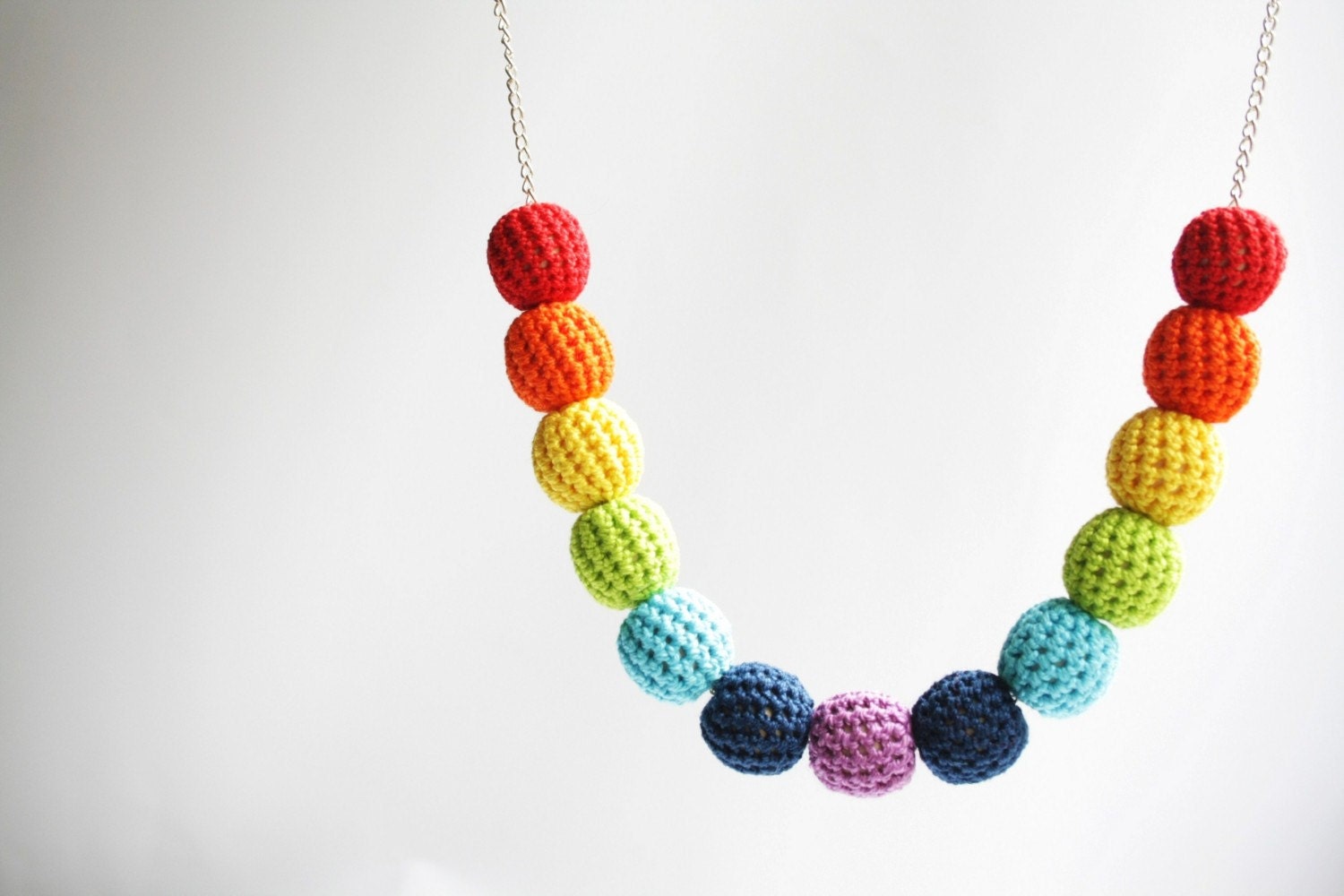 crochet rainbow spring time bead necklace - handmade colorful funky beaded necklace with brass chain, boho style, gift for her - XauXau