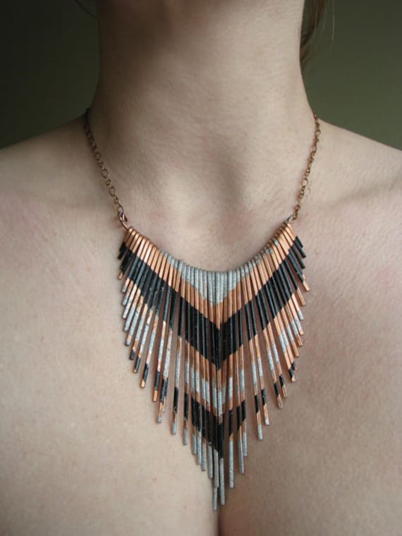 Copper Necklace - Fringe Metal Necklace - Multi V silver and black lacquer stripes - Copper Jewelry