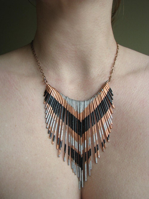 Copper Necklace - Fringe Metal Necklace - Multi V silver and black lacquer stripes - Copper Jewelry