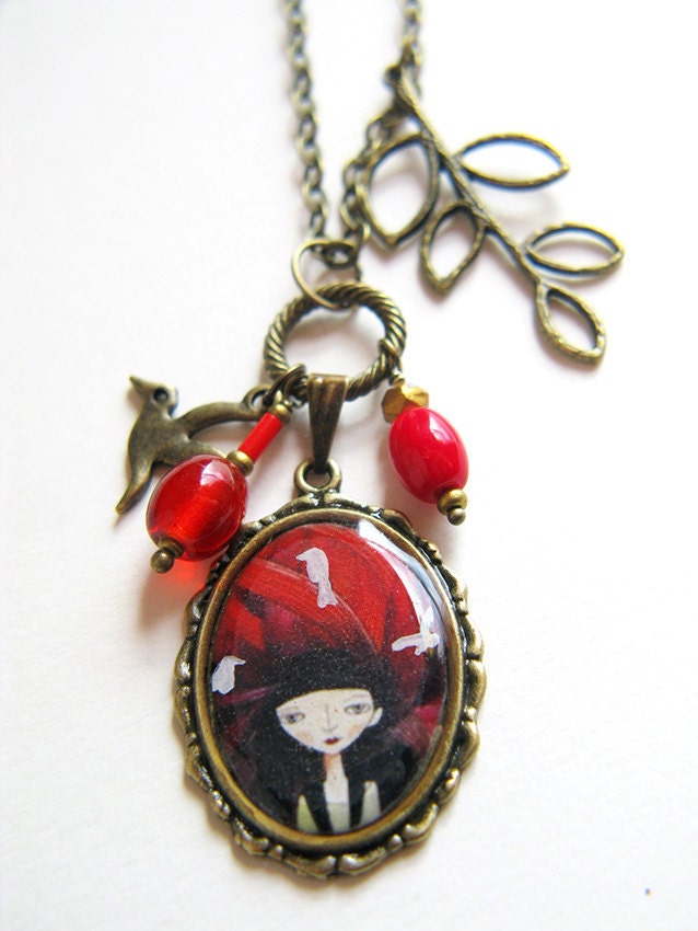 illustration necklace, pendant with charms - Birds in My Hair
