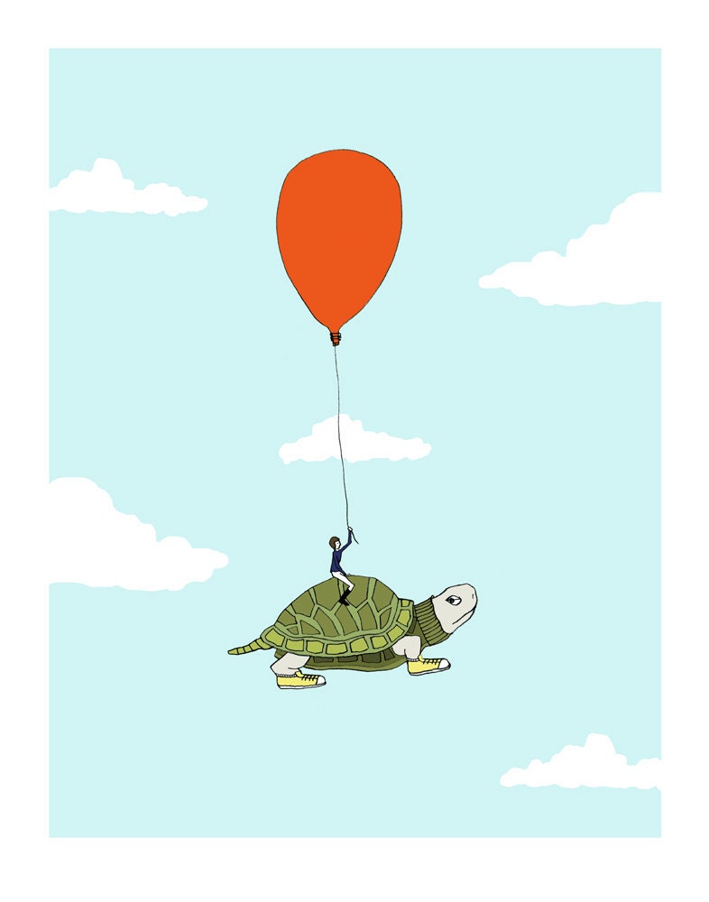 Turtle flight nursery art. Whimsical turtle print.