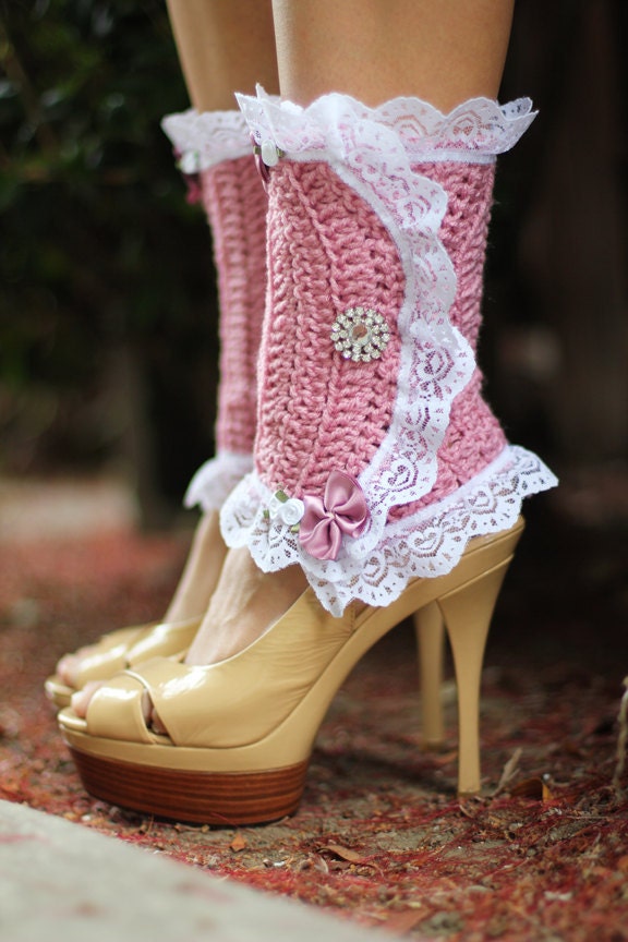 Lacy Leg Warmers in Rose - Heart Lace