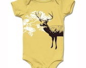 Organic mustard yellow DEER baby bodysuit, short sleeve, infant boys and girls, woodland reindeer deisgn