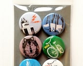 Boy Party theme, 1 inch mini Pinback Buttons, collection set of 6 badge buttons, fox, wolf, wasp, robot, chipmunk, bike