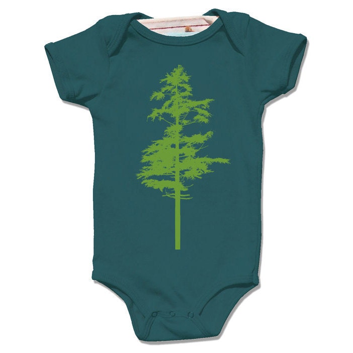 Organic Deep sea HEMLOCK Bodysuit for infant / baby, single green tree screenprint, short sleeve, woodland nature design, boy or girl