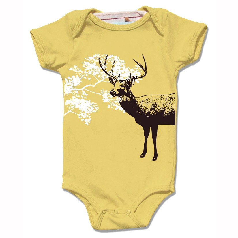 Organic mustard yellow DEER baby bodysuit, short sleeve, infant boys and girls, woodland reindeer deisgn