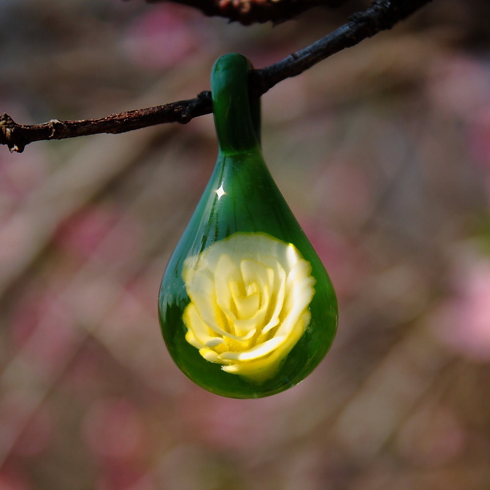 Yellow Rose, Bloomed Flower Bella Glass Slide Pendant