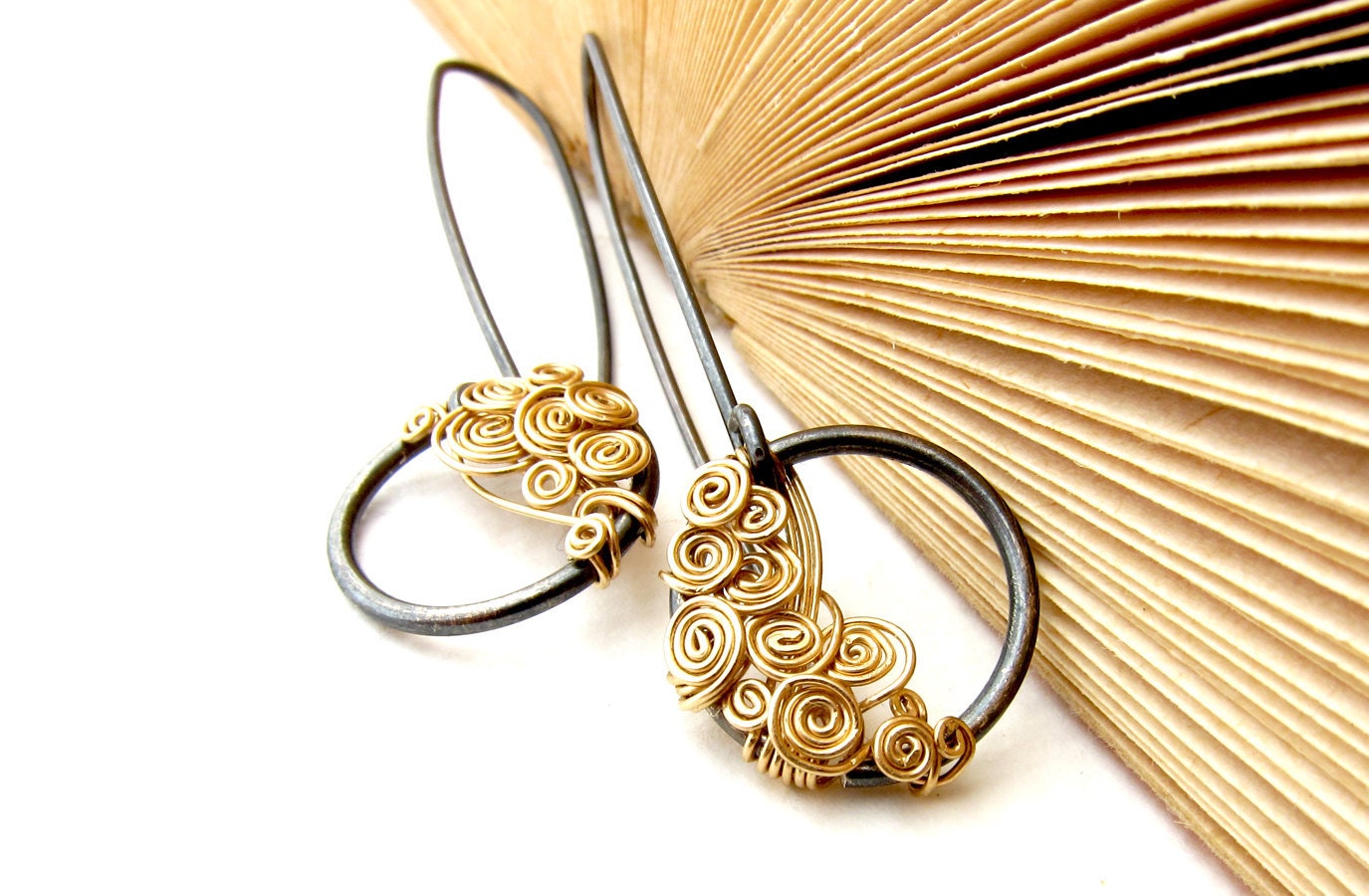 Oxidized Silver Earrings. 12K Gold Filled Earrings. Dark Earrings. Circle Earrings. Dangle Earrings. Elegant Earrings. Festive Jewelry.