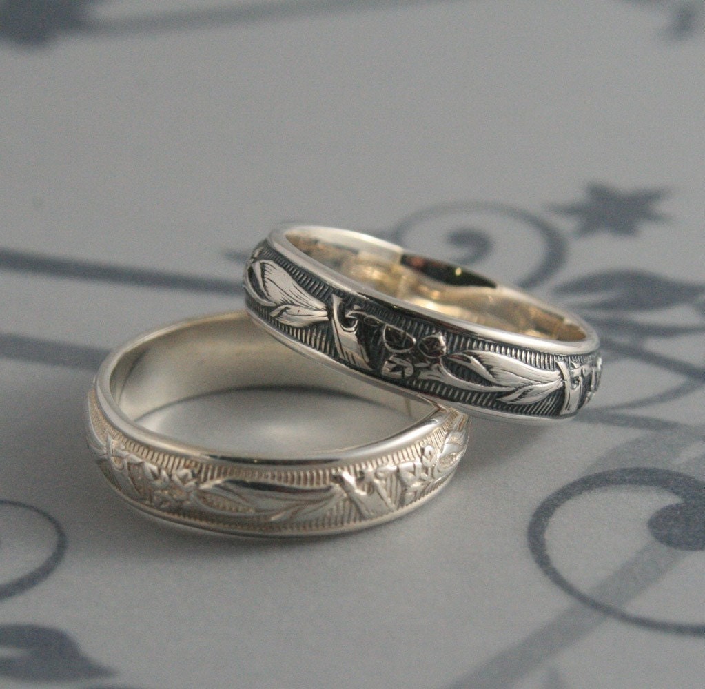 Lily Nouveau Wedding Ring--Sterling Silver Floral Patterned Band--Very Elegant
