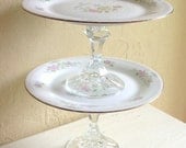 Matching Pair of Pedestal Dishes White Pink and Light Blue Flowers