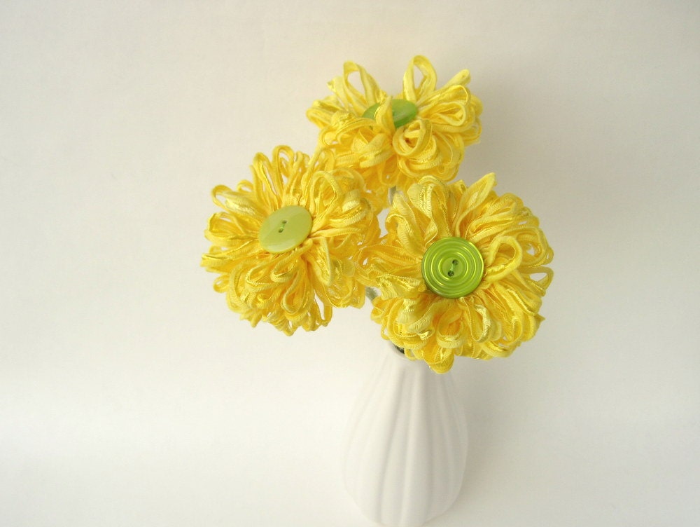 3 Lemon and Lime  Ribbon Flowers, handmade bouquet, table decor, centerpiece