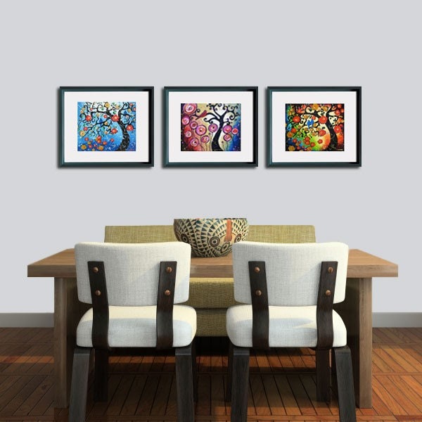 Giclee Prints - Folk Art Abstract Tree of Life Whimsical Cherry Tree - Rustic Country Wall Art Set of 3 8x10 Signed