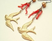 Red Coral Brass Bird Earrings Vintage Red Branch Coral Sparrow Dangles Eco Friendly