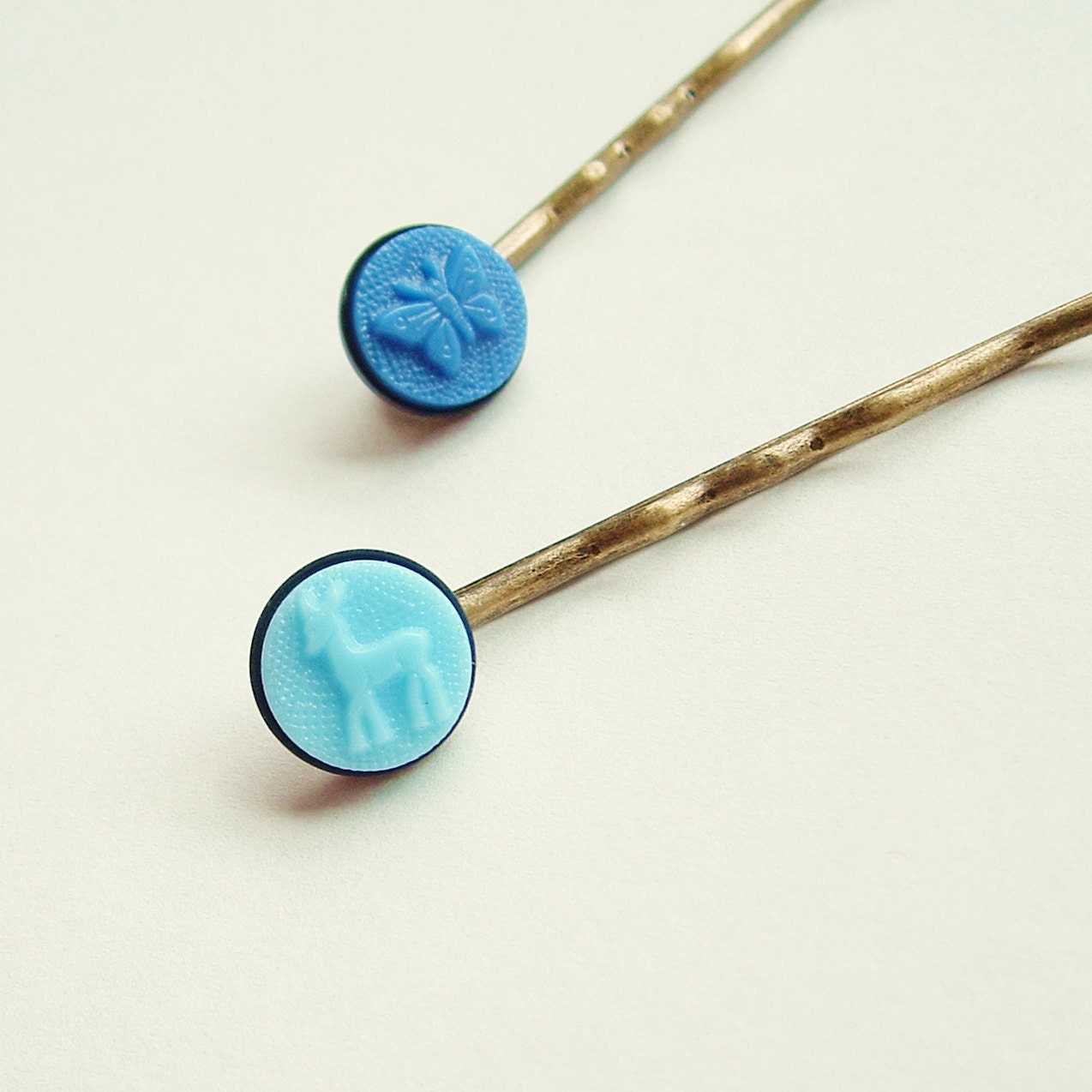 Blue Woodland Creature Hair Pins Vintage Glass Antiqued Brass Set of 2